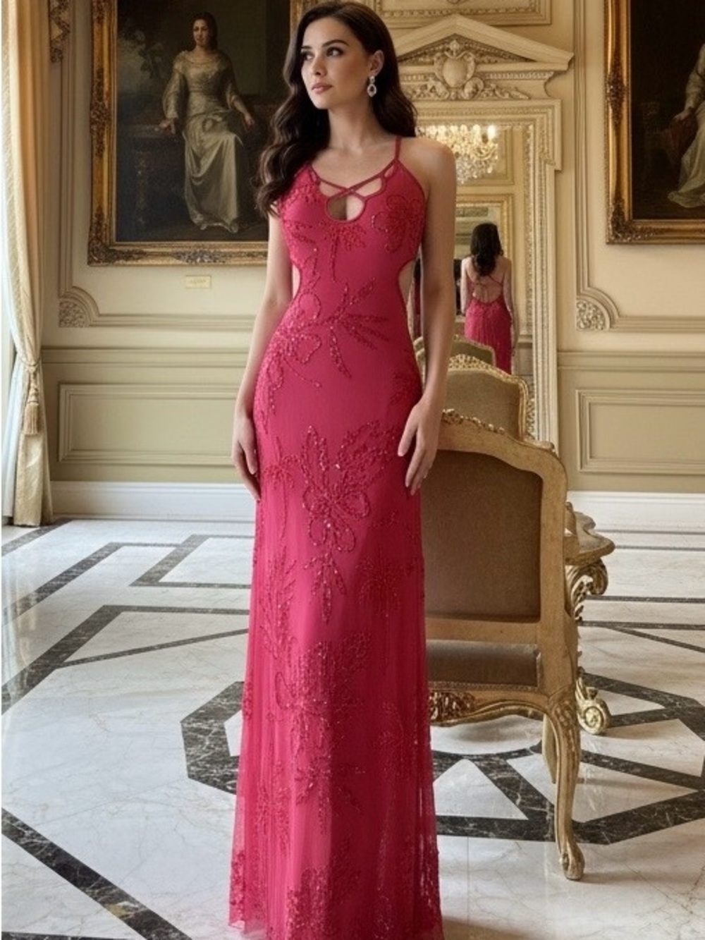 Elegant Hot Fuschia pink hand Beaded Evening‎ Gown - stretch fabric size small